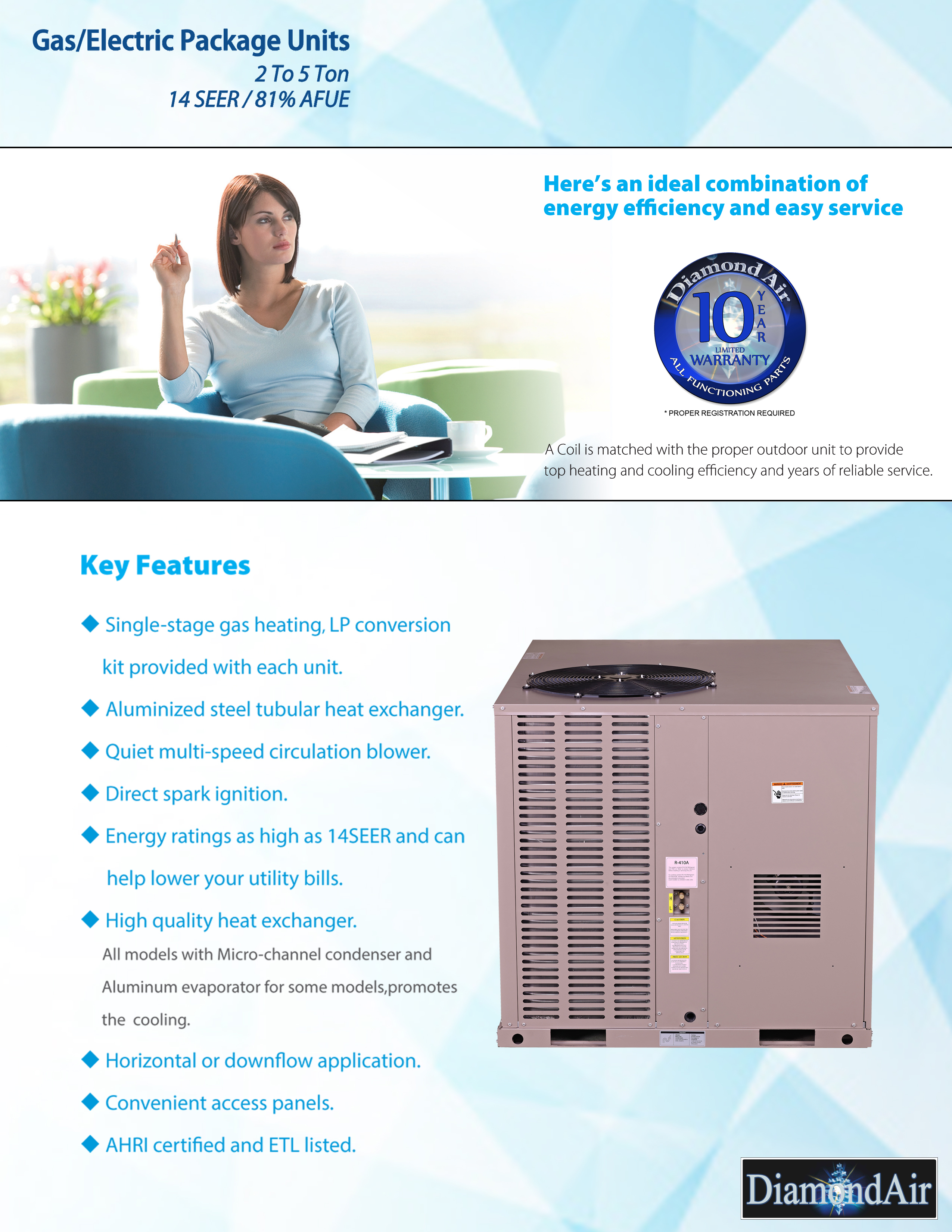 2.5 Ton DiamondAir 14 SEER 60K BTU Gas Package Unit DGP143060AC (F)